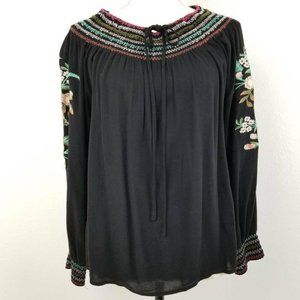 UMGEE Peasant Boho Top Black Floral Long Sleeve L